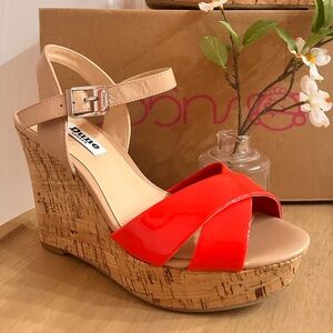 DUNE ~ Pink & Tan Espadrille Sandals w/4-inch Wedge Cork Platform Sole size 7.5